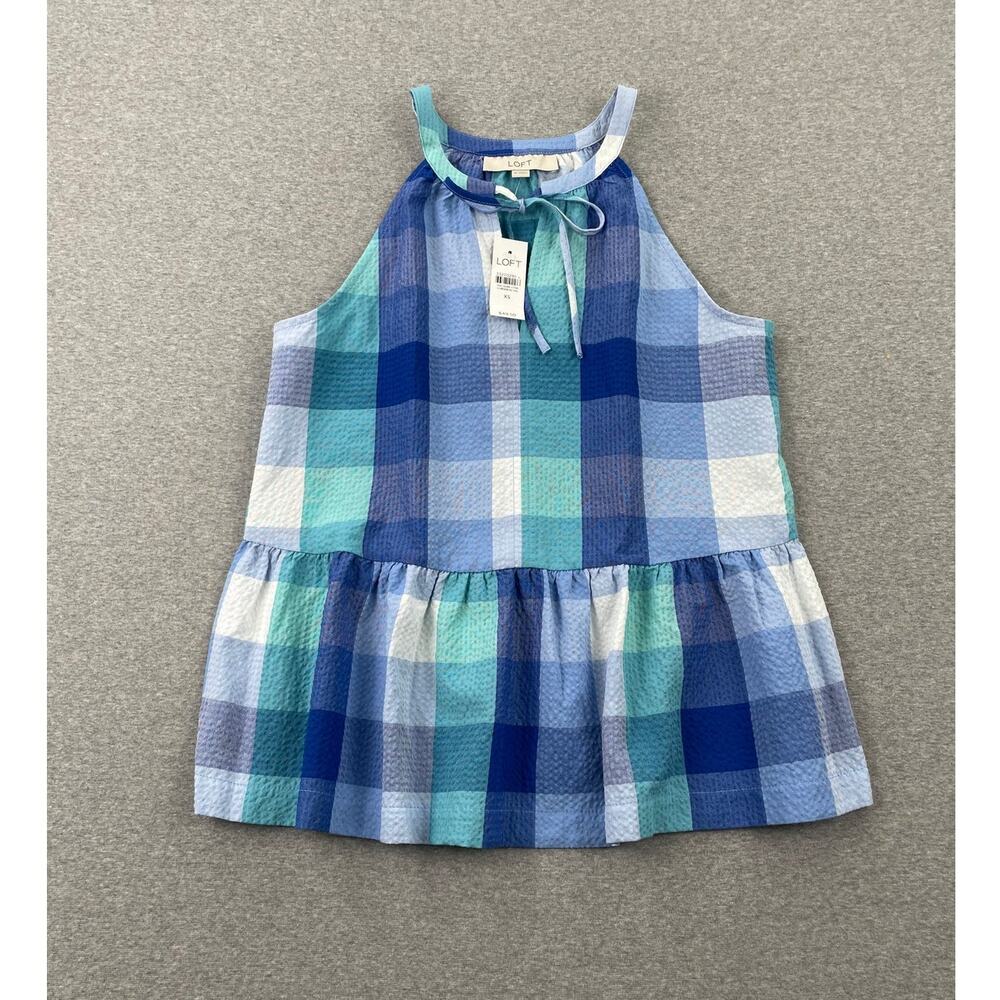 NWT LOFT Tank Top Womens XS Blue Plaid Peplum Sleeveless Blouse Halter Tie Front